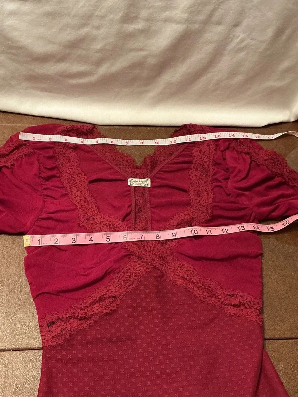 Intimately Free People Burgundy Lace-Trim Long Sleeve Bodysuit Sz SP